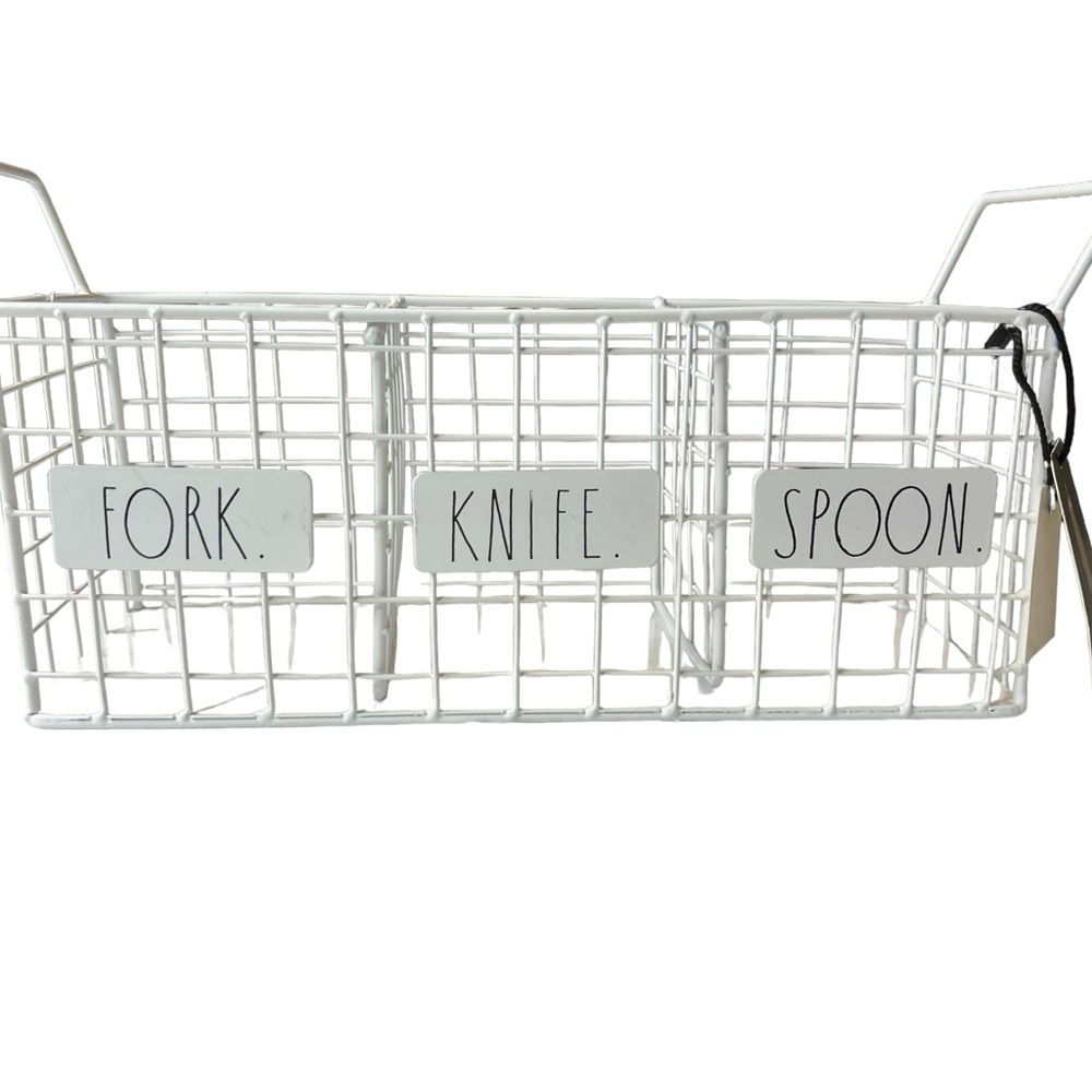Rae Dunn Utensil Holder. Fork, Knife, and Spoon wire white basket black stencil.